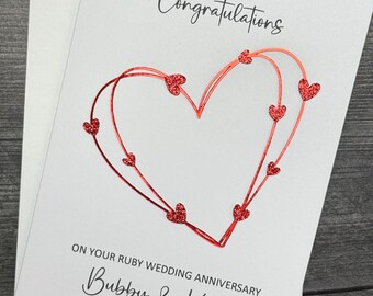 Ruby Wedding Anniversary 40th Card, Elegant Hearts Design, Handmade And Personalized.