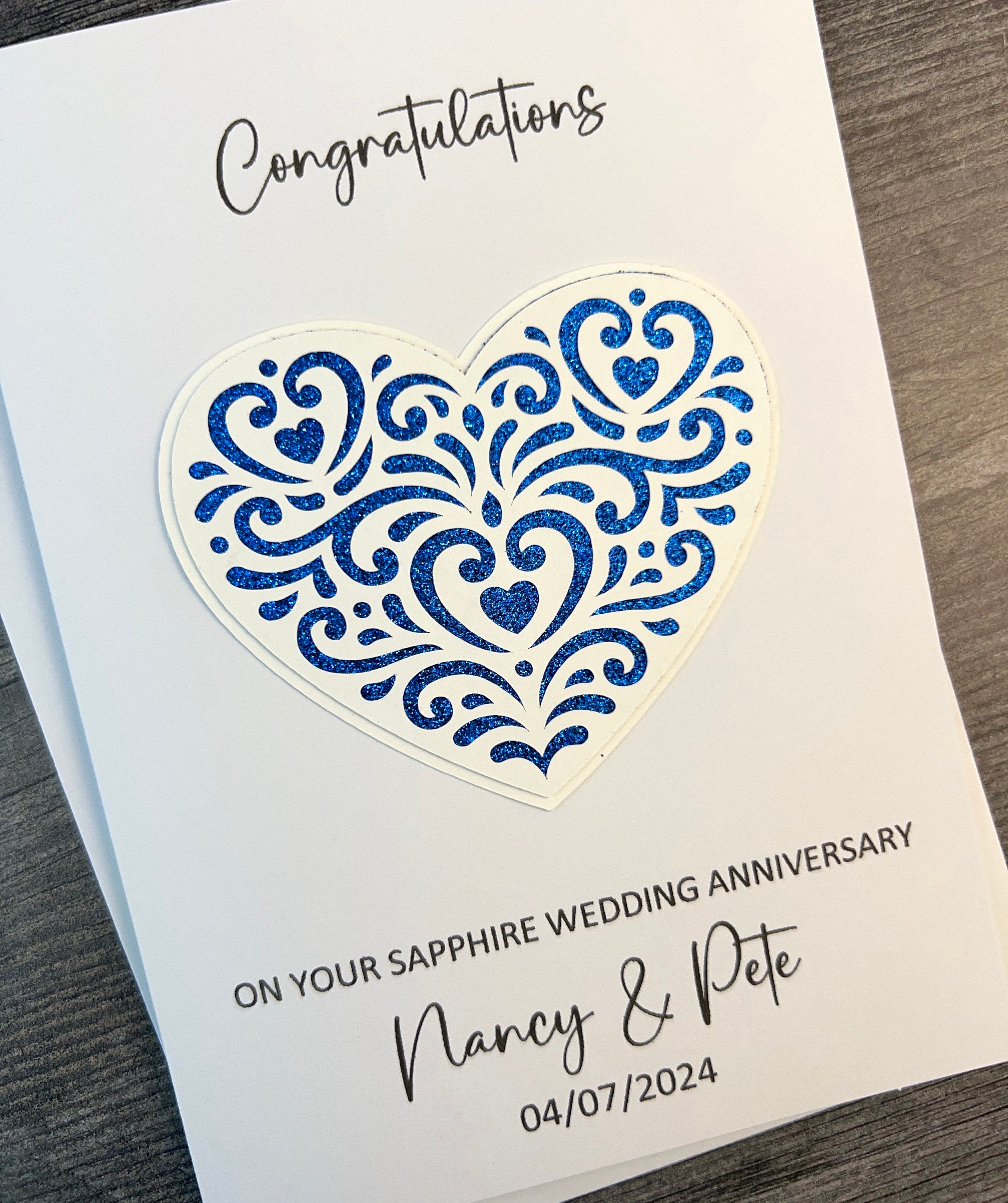 Sapphire Wedding Anniversary 45th Card With Heart Detail, Handmade and ...