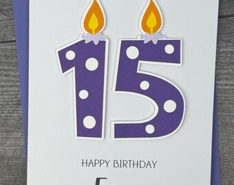 15th Birthday Card For Children, Candle Design. Handmade And Personalized For Girls And Boys, Available In Any Age In Various Colors.