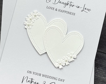 Wedding Day Card With Beautiful Hearts And Flowers Design, Handmade And Personalized. Son, Daughter, In Law, Family, Special Couple.