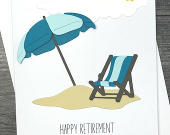 Retirement Card Featuring Beach Chair And Umbrella Scene. Handmade And Personalized. Customize With Your Own Greeting.