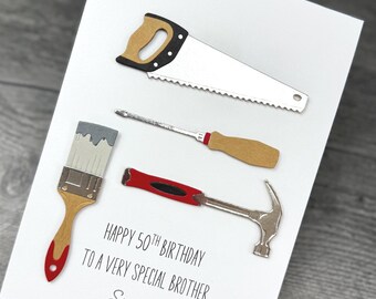 Birthday Card For Him Featuring A Tool Design, Handmade And Personalized. Customize Your Own Greeting. With Or Without Silver Age.