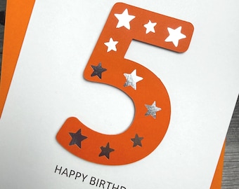 5th Birthday Card For Children, Shiny Stars Design, Handmade And Personalized For Girls And Boys. Available In Various Colors.