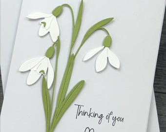 Thinking Of You/With Sympathy Card, Snowdrop  Design, Handmade, Personalize With Your Own Greeting.