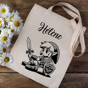 Tote bag Sac en coton personnalisé avec votre prénom -  Link Cartoon The Legend of Zelda Wind Waker - école crèche enfants
