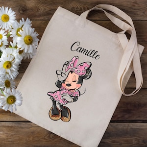 Tote bag Sac en coton personnalisé avec votre prénom - Minnie Mouse Disney - école crèche enfants