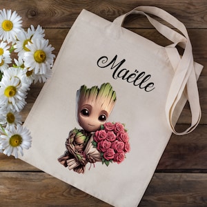 Tote bag Sac en coton personnalisé avec votre prénom -  Je s'appelle Groot I am Groot - école crèche enfants