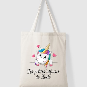 Tote bag Sac en coton personnalisé avec votre prénom - Licorne Les petites affaires de - école crèche enfants
