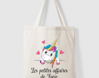 Tote bag Sac en coton personnalisé avec votre prénom - Licorne Les petites affaires de - école crèche enfants