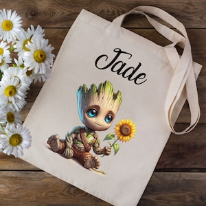 Tote bag Sac en coton personnalisé avec votre prénom -  Je s'appelle Groot I am Groot - école crèche enfants