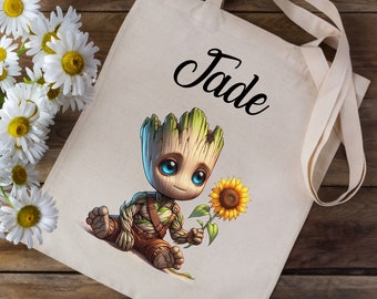 Tote bag Personalized cotton bag with your first name - My name is Groot I am Groot - children's nursery school