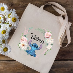 Tote bag Sac en coton personnalisé avec votre prénom - Stitch Couronne de fleurs Disney - école crèche enfants