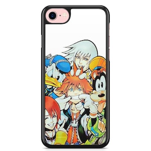 May include: A colorful phone case featuring a group of cartoon characters from the Kingdom Hearts video game series. The characters include Sora, Riku, Donald Duck, Goofy, and Mickey Mouse. The case is designed for an iPhone.