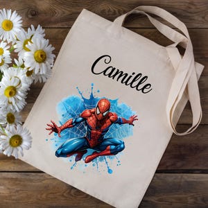 Tote bag Sac en coton personnalisé avec votre prénom - Homme Araignée - école crèche enfants