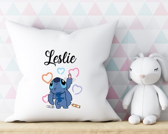 Coussin blanc personnalisé avec votre prénom - Stitch Disney - Naissance Enfants