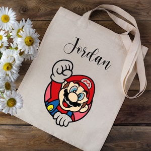 Tote bag Sac en coton personnalisé avec votre prénom - Super Mario Bros - école crèche enfants