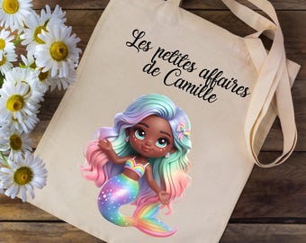 Personlig tygväska med ditt namn - Flerfärgad sjöjungfru - för skola, dagis eller barnskola