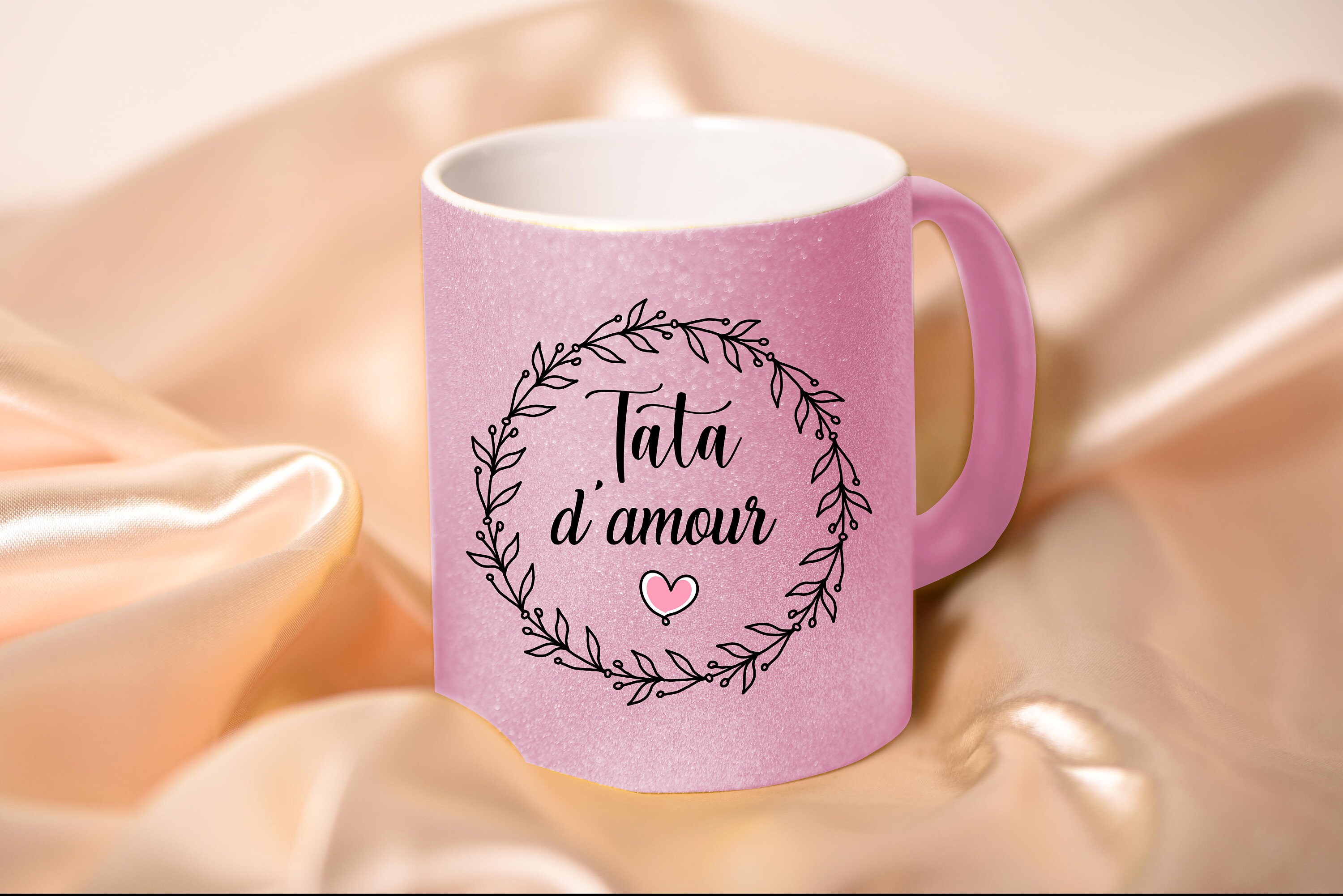 Mug Rose Pailleté Tasse Imprimée Tata d'amour Couronne de Fleurs