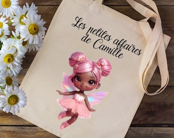 Tote Bag Personalisierte Tasche mit Ihrem Vornamen - Rosa Fee - Schule Kindergarten Kinder