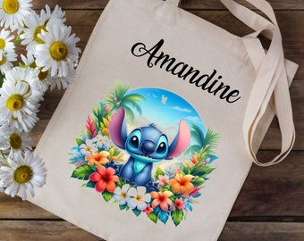 Tote bag Sac en coton personnalisé avec votre prénom -  Lilo et Stitch Disney Fleurs Tropicales - école crèche enfants