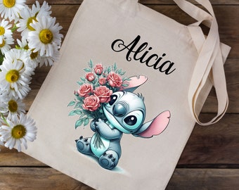 Tote bag Cotton bag personalized with your first name - Lilo and Stitch Disney Bouquet of roses - children's nursery school