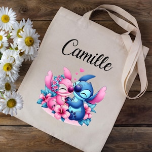 Tote bag Sac en coton personnalisé avec votre prénom - Stitch et Angel Disney - école crèche enfants