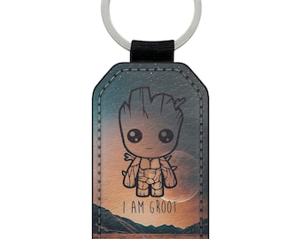 Keychain Ring Faux Leather My name is Groot I am Groot