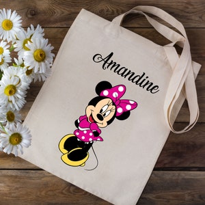 Tote bag Sac en coton personnalisé avec votre prénom - Minnie Mouse Disney Mickey - école crèche enfants