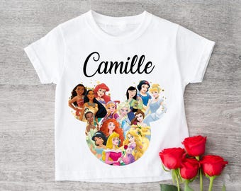 T-Shirt Blanc pour enfant personnalisé avec votre prénom - Princesses Disney Ariel Elsa