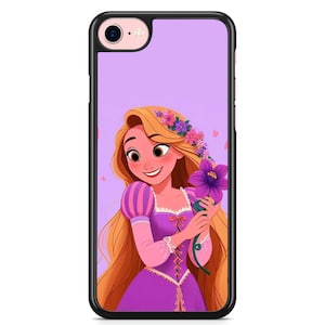 May include: A purple phone case with a cartoon image of Rapunzel from Disney's Tangled. She has long blonde hair and is wearing a purple dress. She is holding a purple flower.