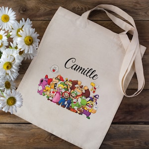 Tote bag Sac en coton personnalisé avec votre prénom - Super Mario Bros Personnages - école crèche enfants