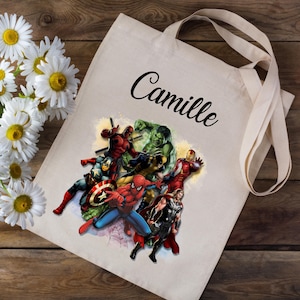Tote bag Sac en coton personnalisé avec votre prénom - Homme Araignée - école crèche enfants