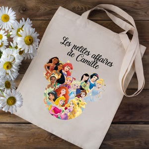 Tote bag Sac en coton personnalisé avec votre prénom - Princesses Disney Ariel Belle Aurore - école crèche enfants