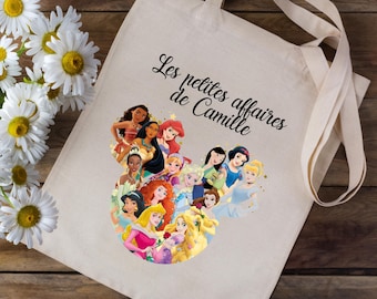 Tote bag Personalized bag with your first name - Disney Princesses Ariel Belle Aurora - school nursery children