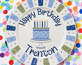 Blue & Green Birthday Plate | Personalized Hand Painted Keepsake Plate | Custom Birthday Cake Plate for Boy | First Birthday