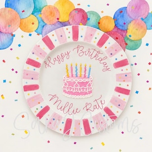May include: A white ceramic plate featuring a pink birthday cake illustration with five lit candles, the text Happy Birthday Millie Kate, and a border of alternating pink stripes, surrounded by a colorful watercolor confetti pattern.