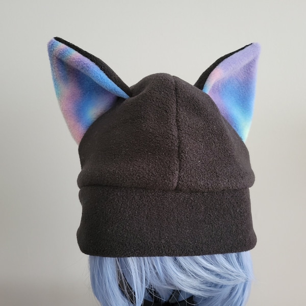 Fleece Hat with Cat Ears, Cute Kitty Ear Beanie, Black Hat with Custom Ear Colors, Various Sizes for Adults and Children