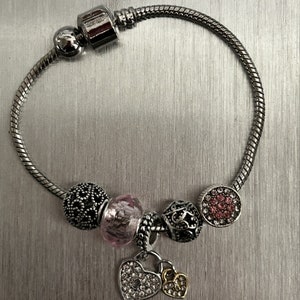 Pandora Style Hearts and Rhinestones European Beaded Bracelet Silver