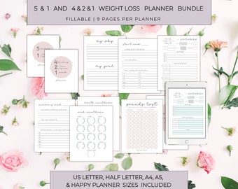 AUSDRUCKBAR & AUSFÜLLBAR 5+1 | 4+2+1 Abnehmplaner Bundle Kompatibel mit Optavia | US Letter | DIN A4 | Halbe Größe | DIN A5 | Fröhlicher Planer