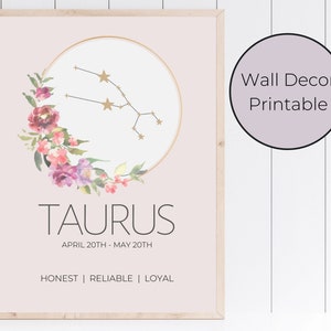 Taurus Zodiac Astrology Floral Wall Art Decor Print