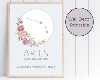 Aries Zodiac Astrology Floral Wall Art Decor Print