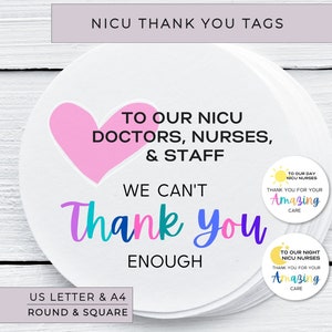 NICU Enfermera Doctor Gracias Etiqueta Cuadrada Redonda Imprimible / Etiqueta de Favor / Cupcake Topper / Carta de EE.UU. / A4