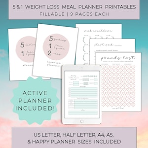 5 and 1 Weight Loss Meal Planner Printable Compatible with Optavia | Fillable | US Letter | A4 | Half Size | A5 | Happy Planner