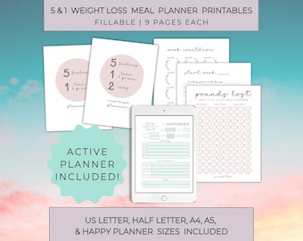 5 und 1 Mahlzeitenplaner zum Abnehmen, Printable Kompatibel mit Optavia | Befüllbar | US Letter | DIN A4 | Halbe Größe | DIN A5 | Fröhlicher Planer