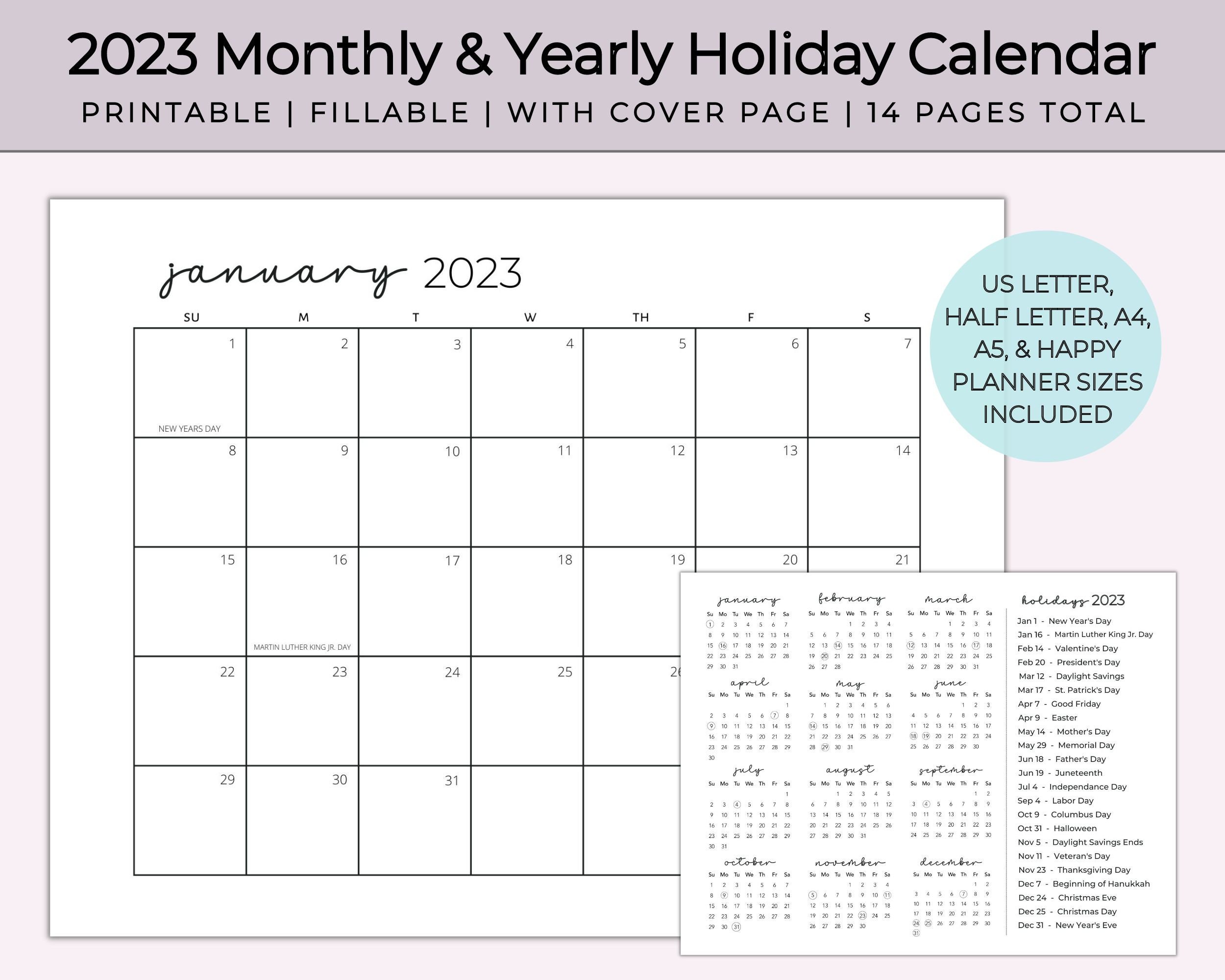2023 Monthly Appointment Calendar & Yearly Holiday Calendar - Etsy