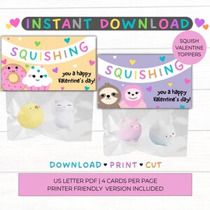 Squish Squishie Squishy Valentine's Day Topper Imprimible / Kids Valentine / Treat Bag Topper / Descarga digital / Carta de EE. UU.