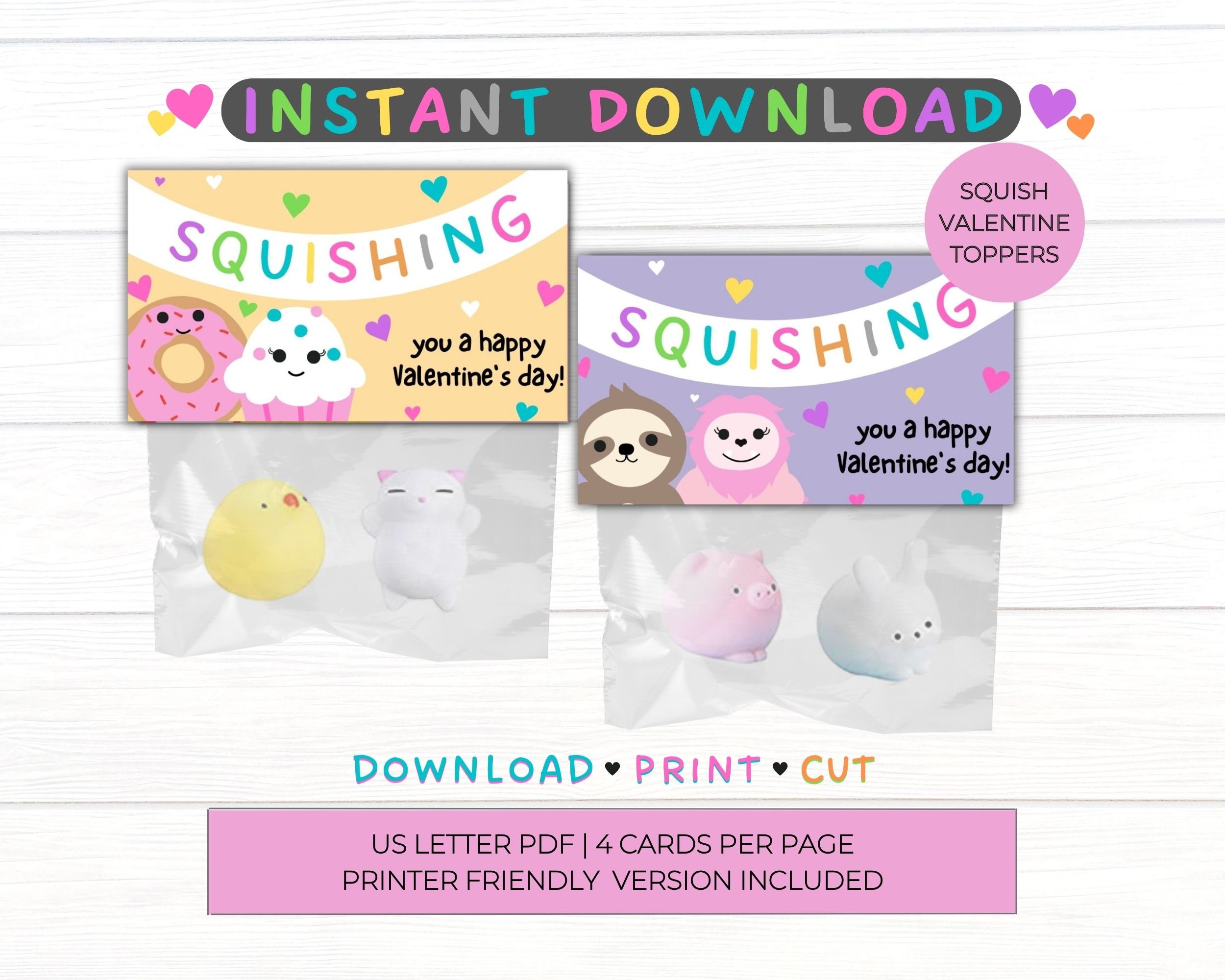Squish Squishie Squishy Valentine's Day Topper Imprimable | Enfants Saint-Valentin | Traiter le topper de sac | Téléchargement numérique | Lettre amér