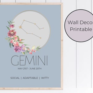 Gemini Zodiac Astrology Floral Wall Art Decor Print