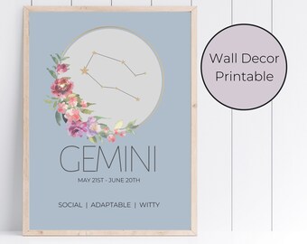 Gemini Zodiac Astrology Floral Wall Art Decor Print