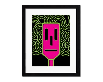 May include: A pink face with black eyes and a mouth, set against a black background with green swirling lines.